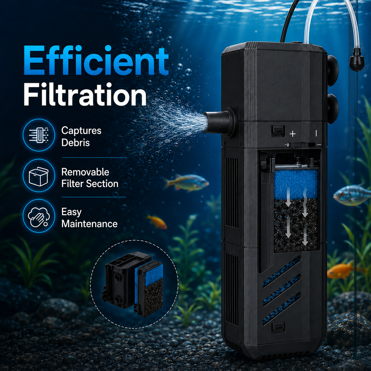 4-in-1 Internal Aquarium Filter Pump with Aeration & Water Circulation