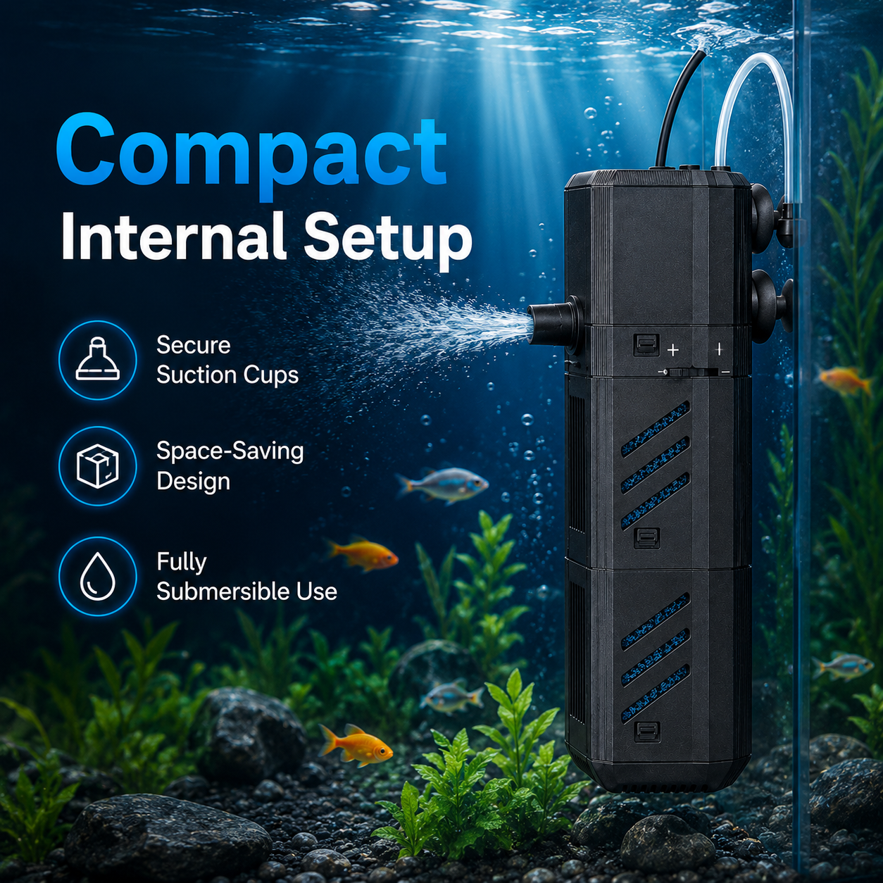 4-in-1 Internal Aquarium Filter Pump with Aeration & Water Circulation