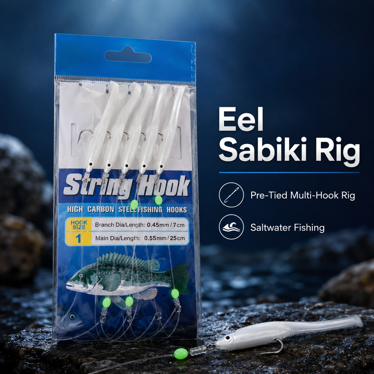 Saltwater Sabiki Soft Eel Fishing Lure Rig for Mackerel & Scad