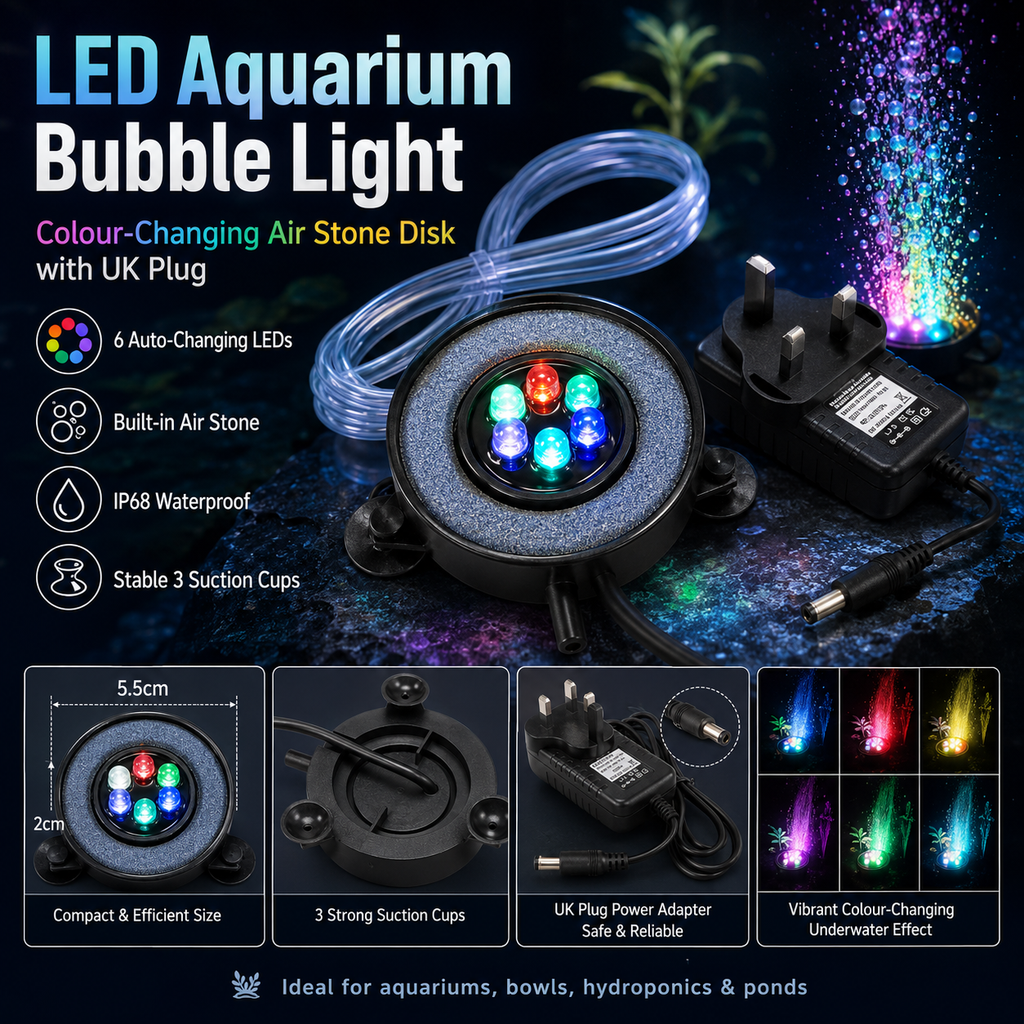 LED Aquarium Bubble Light Air Stone Disk – Colour Changing Fish Tank Decoration with UK Plug
