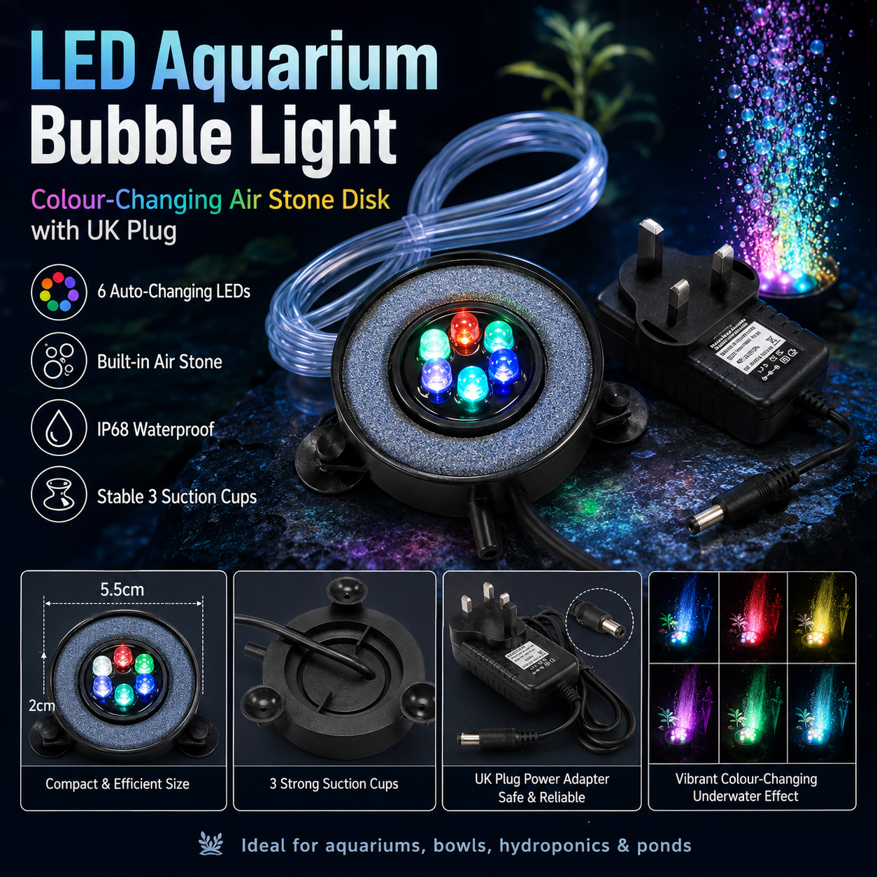 LED Aquarium Bubble Light Air Stone Disk – Colour Changing Fish Tank Decoration with UK Plug