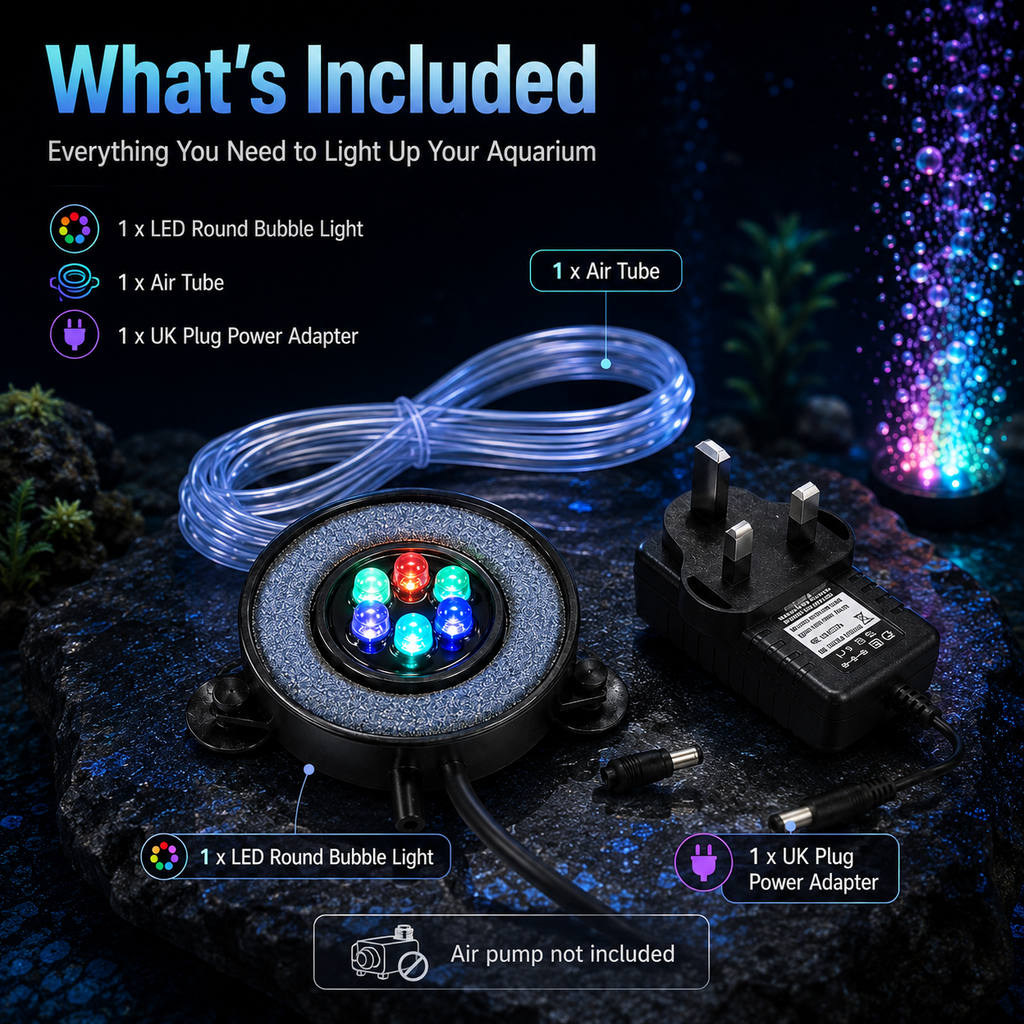 LED Aquarium Bubble Light Air Stone Disk – Colour Changing Fish Tank Decoration with UK Plug
