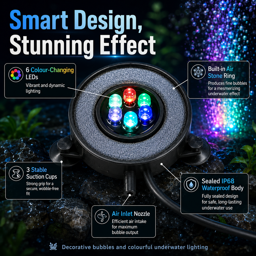 LED Aquarium Bubble Light Air Stone Disk – Colour Changing Fish Tank Decoration with UK Plug