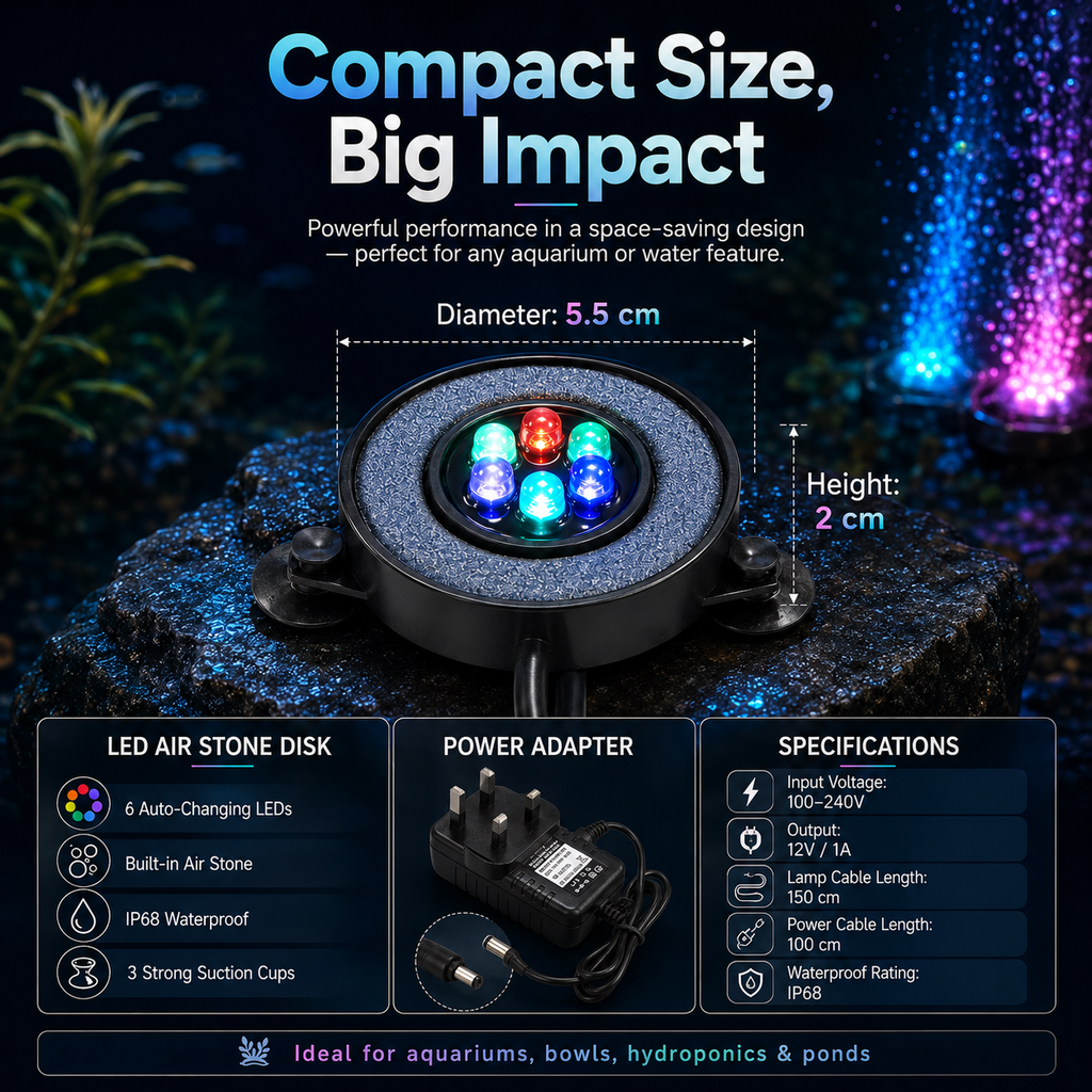 LED Aquarium Bubble Light Air Stone Disk – Colour Changing Fish Tank Decoration with UK Plug