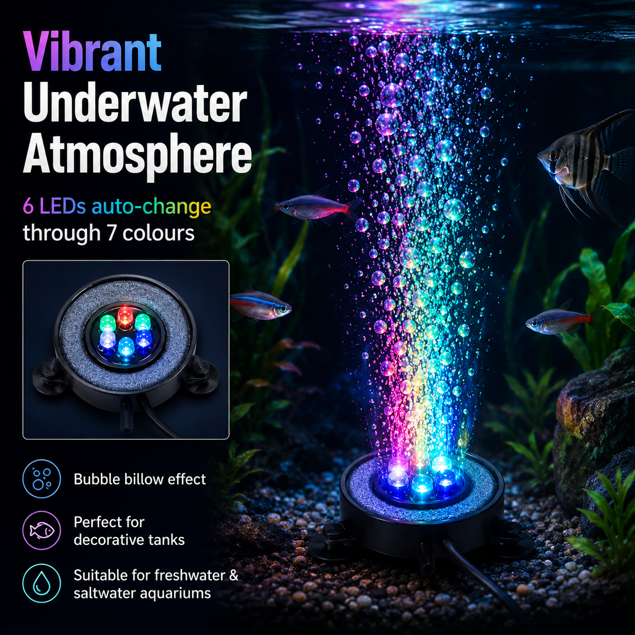 LED Aquarium Bubble Light Air Stone Disk – Colour Changing Fish Tank Decoration with UK Plug