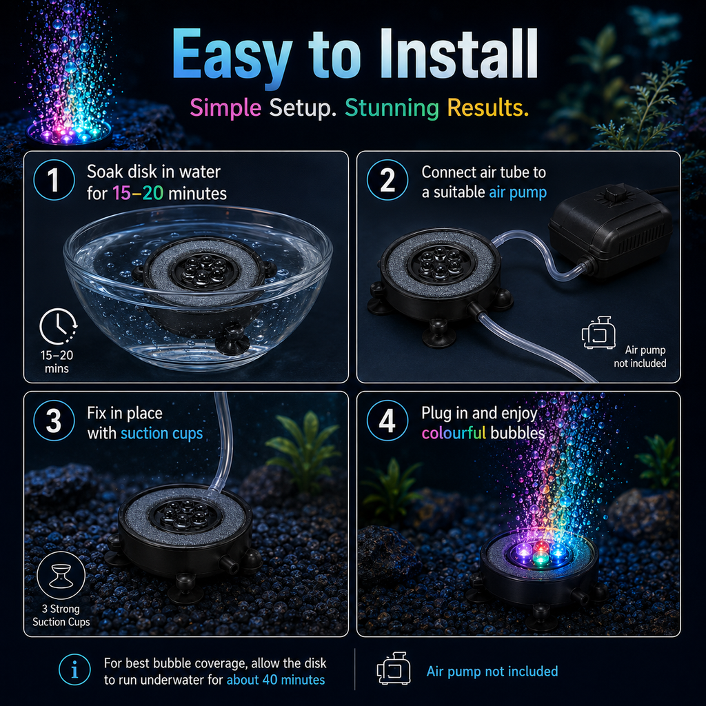 LED Aquarium Bubble Light Air Stone Disk – Colour Changing Fish Tank Decoration with UK Plug