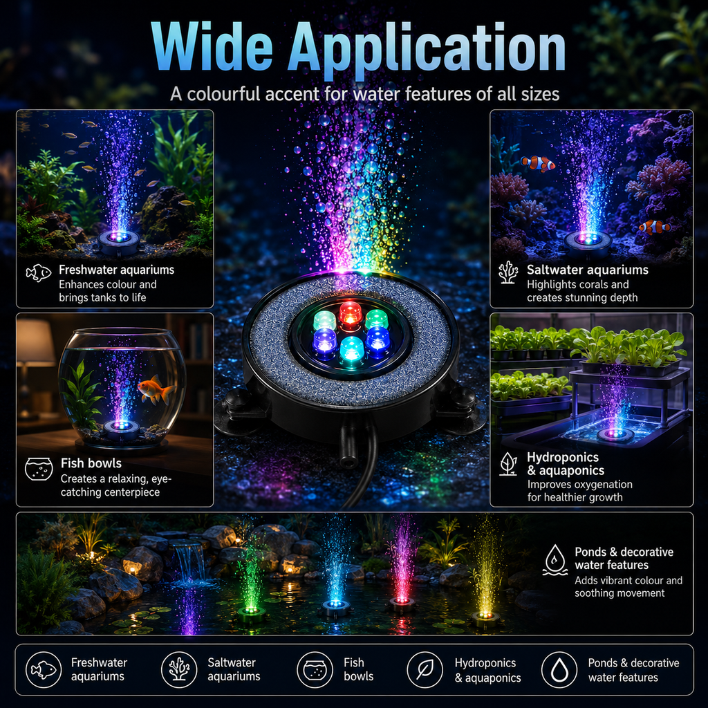 LED Aquarium Bubble Light Air Stone Disk – Colour Changing Fish Tank Decoration with UK Plug