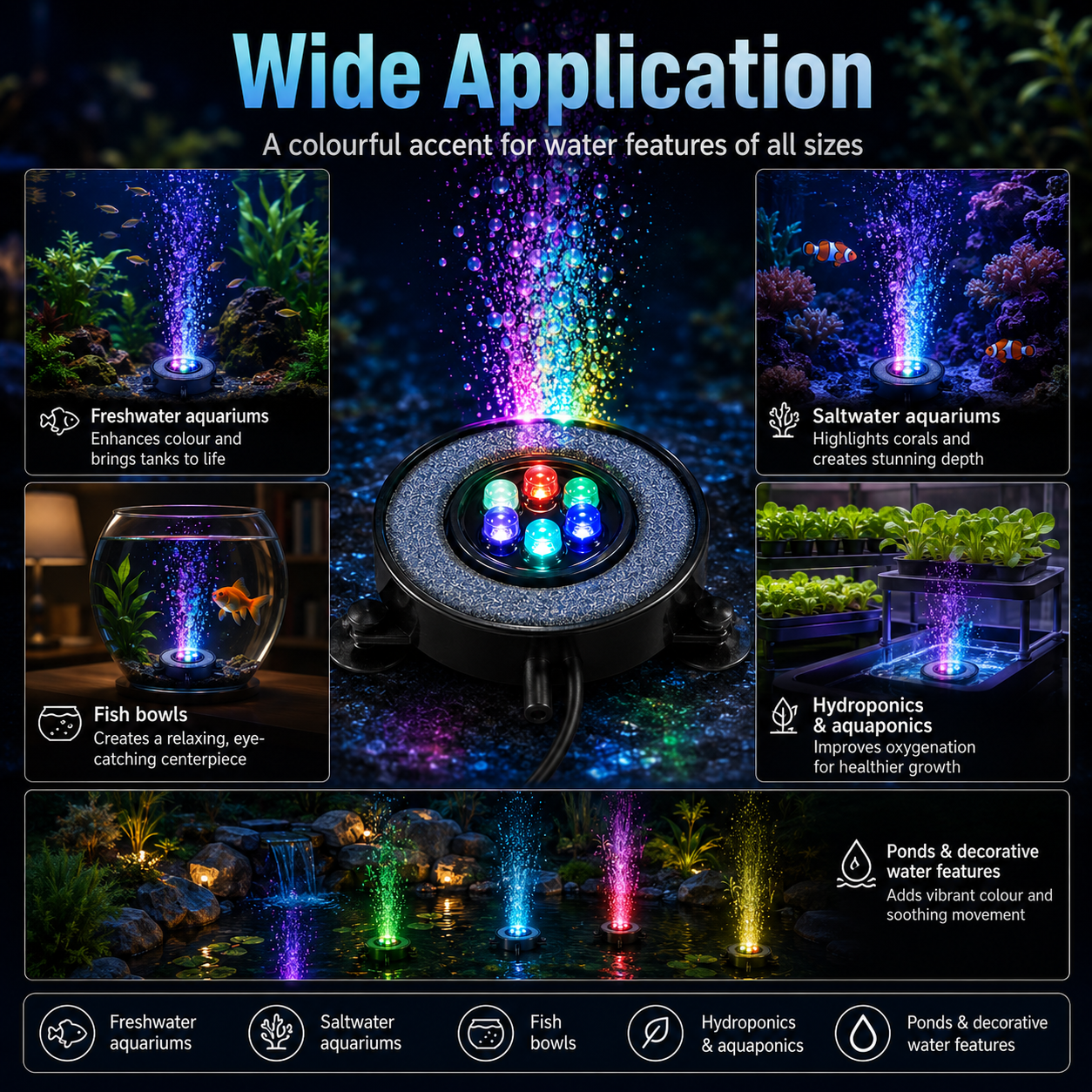 LED Aquarium Bubble Light Air Stone Disk – Colour Changing Fish Tank Decoration with UK Plug