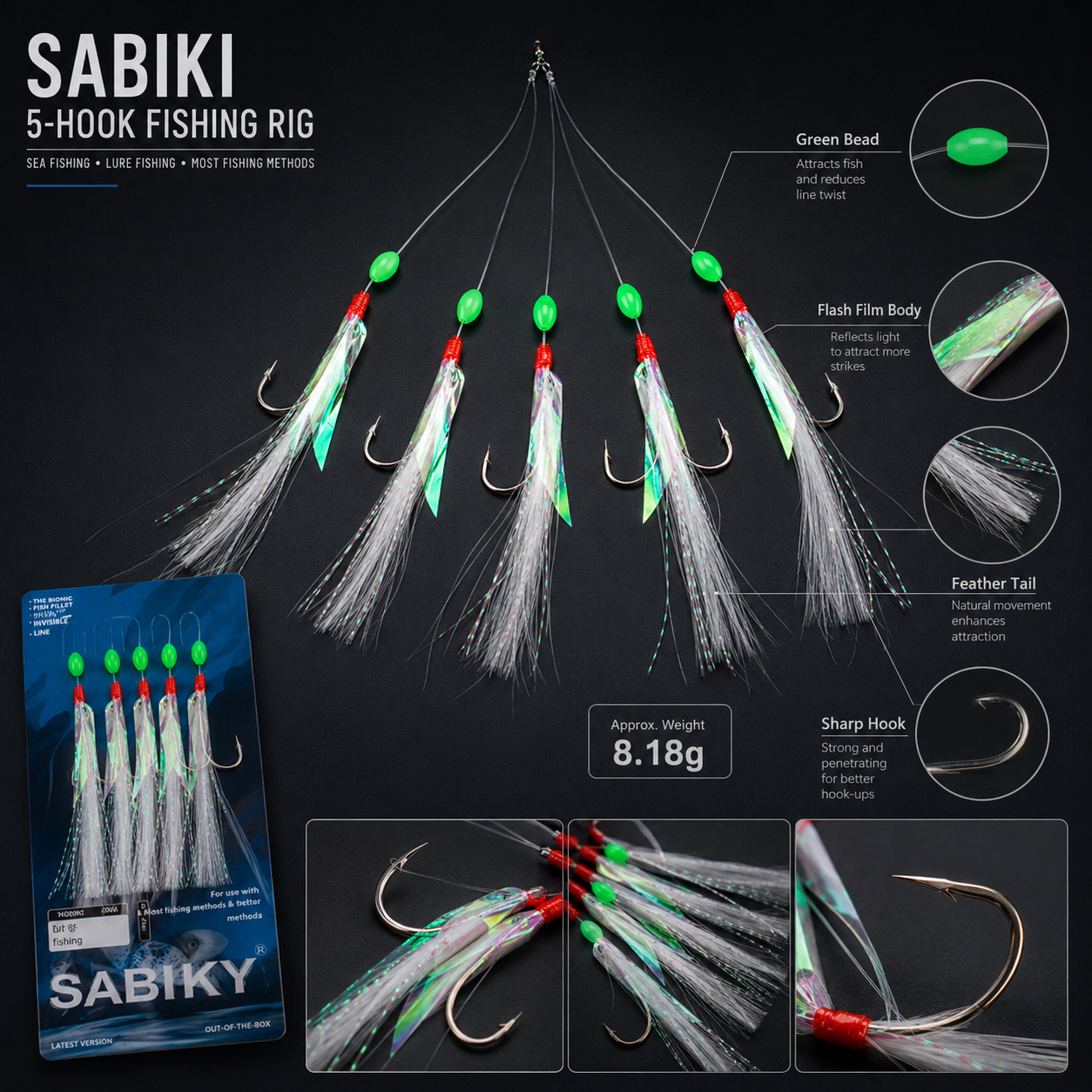 5pcs Sabiki Feather Fishing Lure Rig for Mackerel & Herring
